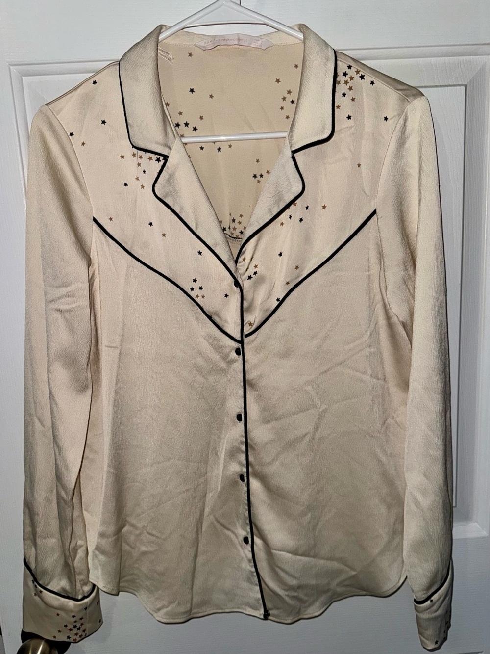 Zara Cream Star Print Satin Button-Up Blouse with Black Piping